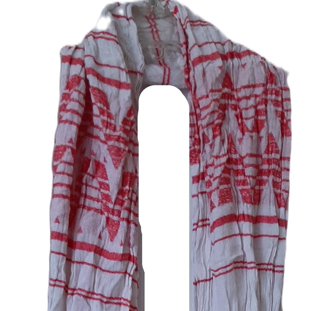 Red and White Woven Scarf with Fringe, Lightweight, Soft, Med to Long Length
